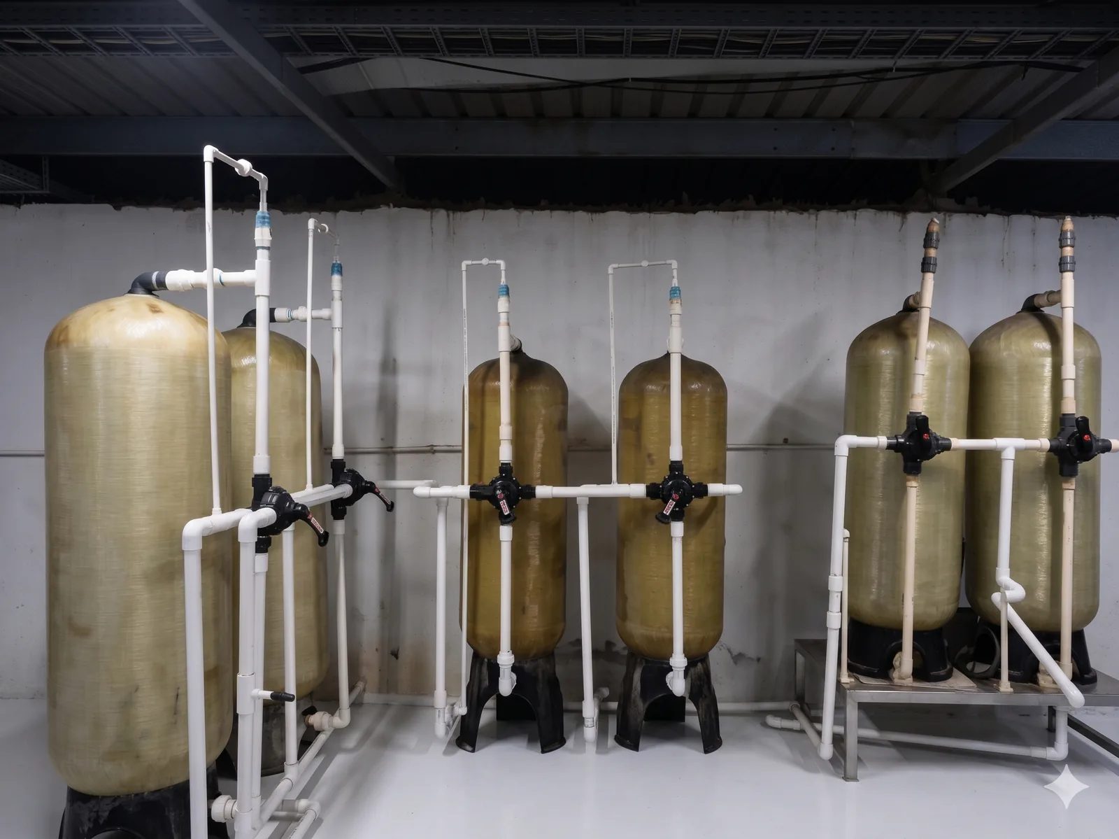 Bank of water softener and filter vessels supplied by Ram Chemical Enterprises