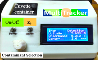 Portable multi-contaminant water testing device showing an iron reading on its display